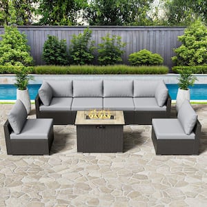 Rattan Wicker 7-Piece Outdoor Patio Propane Fire Pit Furniture Set with Gray Cushions