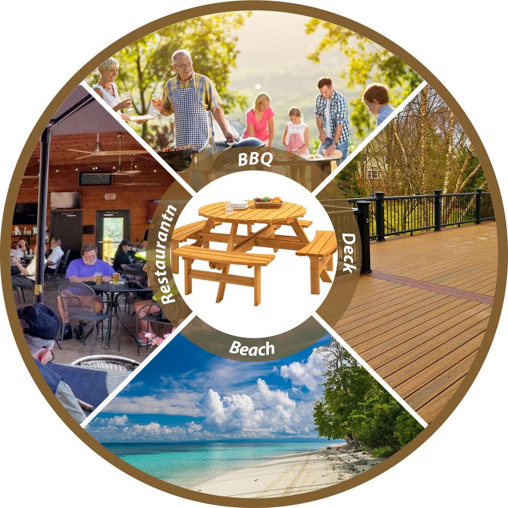 Natural Brown Round Wood Picnic Table with Built-in Benches and Umbrella Hole
