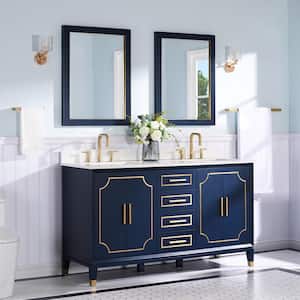 MELODY 60 in. W x 22 in. D x 35 in. H Single Sink Freestanding Bath Vanity in Navy Blue with White Qt. Top and Mirror