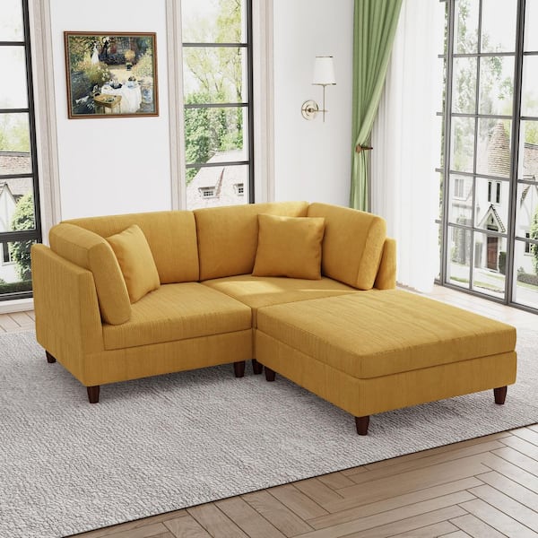 74.7 in. Straight Arm 3-Piece Corduroy Upholstered L-Shaped Sectional Sofa in Orange