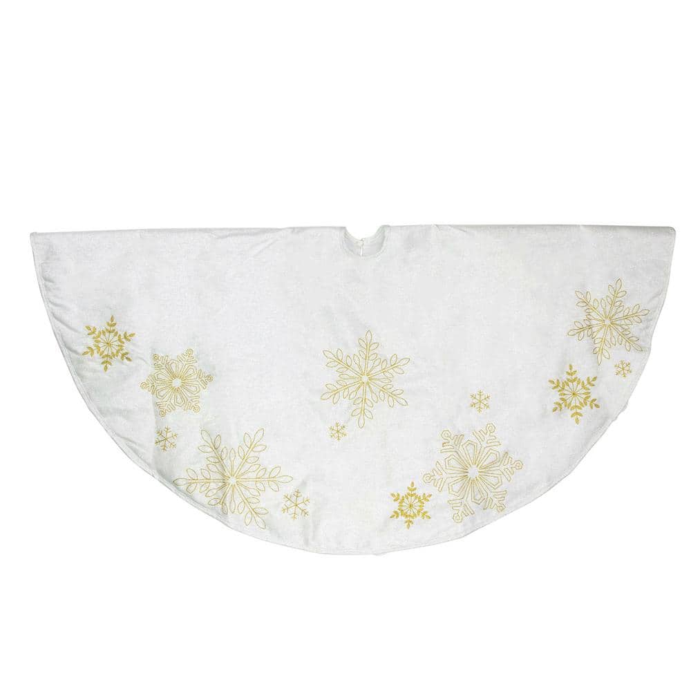 48" White and Gold Embroidered Snowflake Christmas Tree Skirt