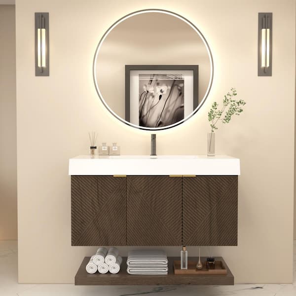 Stella 42 in. W x 20 in. D x 22 in. H Single Sink Chestnut Brown Bath Vanity with White Acrylic Top Floating Lower Shelf