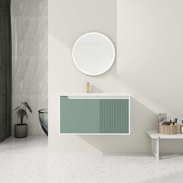 Unbranded 36 in. W x 20 in. D x 20 in. H Wall Mounted Bath Vanity in Mint Green with White Ceramic Top
