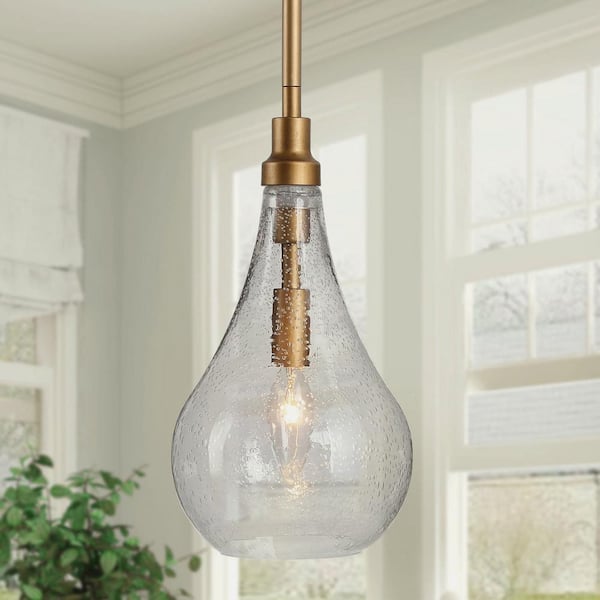 Modern Pendant Light, Iros 1-Light Brass Gold Teardrop Chandelier Light with Seeded Glass Shade 46BV2MHD23623JR - The Home
