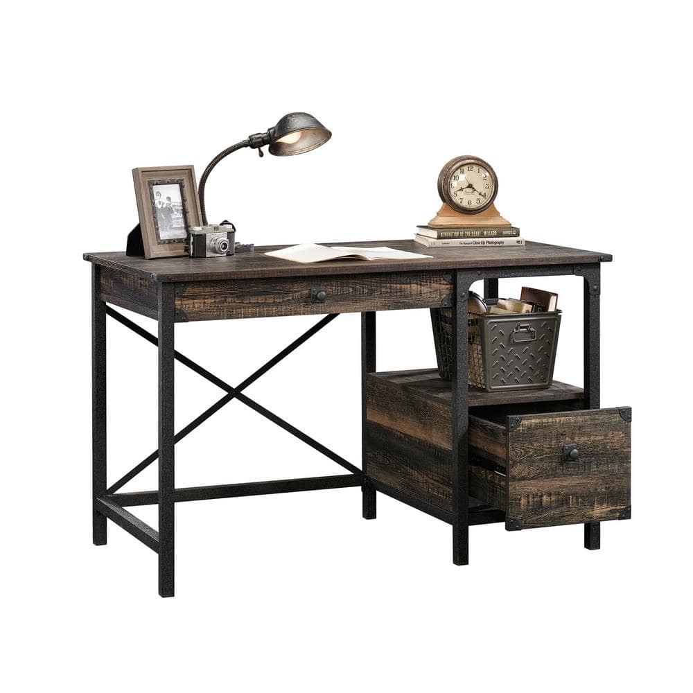 Rustic Carbon Oak Workstation with Powder-Coated Metal Frame