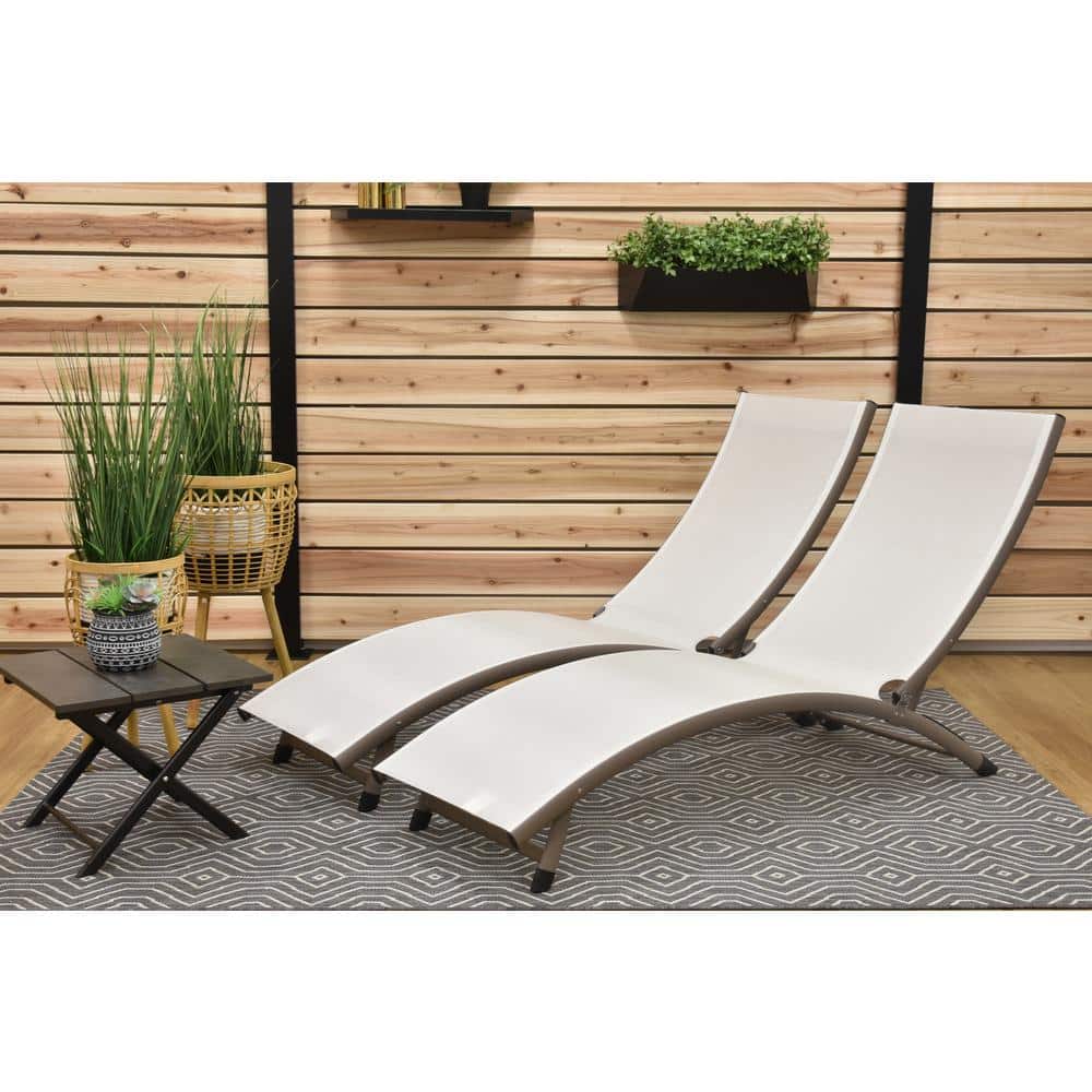 Pearl White and Brown Aluminum 3-Piece Reclining Lounger Set