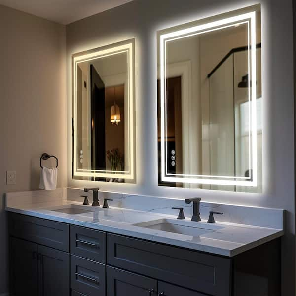 32 in W x 40 in H Rectangular Frameless Wall Mount 3-Colors Dimmable Anti-fog LED Bathroom Vanity Mirror with Memory