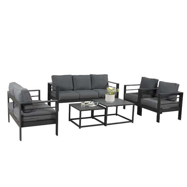 SUNVIVI 6-Piece Aluminum Outdoor Patio Conversation Set with Dark Grey Cushions