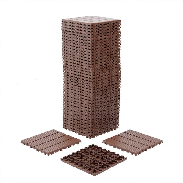 GOGEXX 12 in. W x 12 in. L Outdoor Striped Square PVC Interlocking Flooring Slat Patio Deck Tiles(Pack of 44Tiles)in Brown