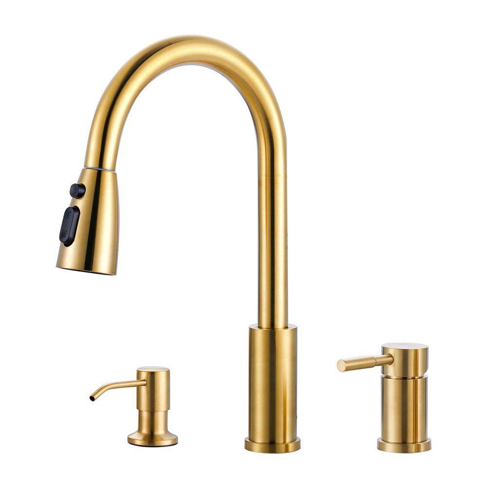 15 in. H Single Handle Pull Down Sprayer Kitchen Faucet with Soap Despenser and 360° Swivel Spout in Gold price history on PriceWatchPro