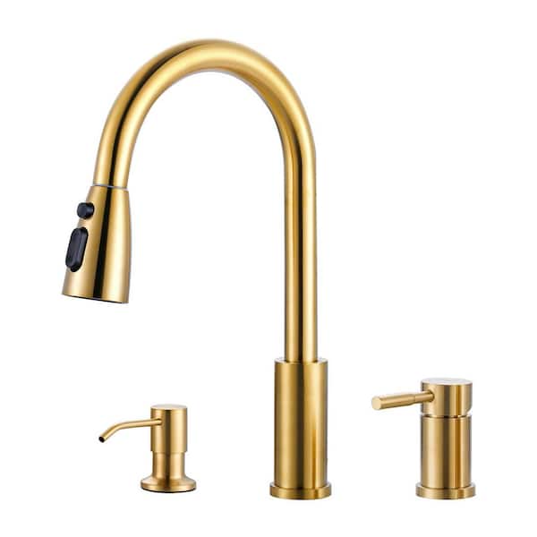 15 in. H Single Handle Pull Down Sprayer Kitchen Faucet with Soap Despenser and 360° Swivel Spout in Gold