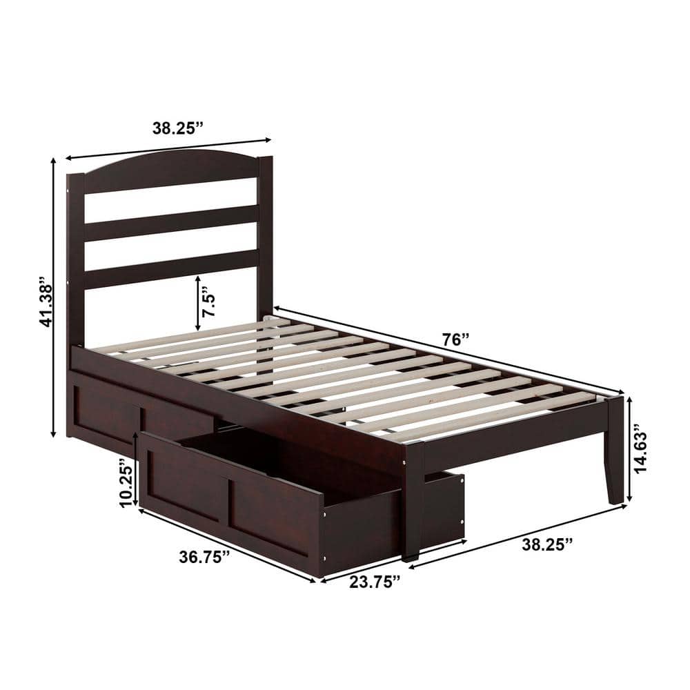 Espresso Twin Solid Wood Upholstered Platform Bed with Storage