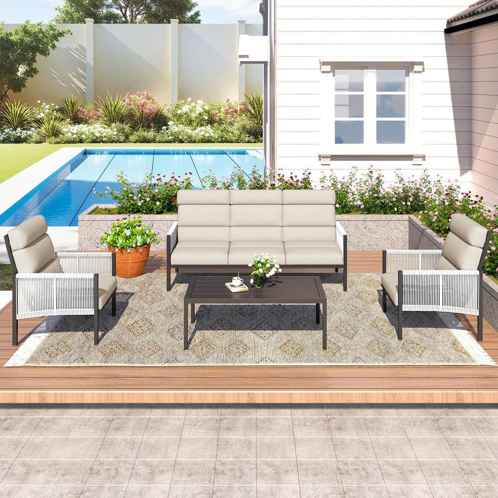 Sudzendf 4-Piece Aluminum Patio Conversation Set with Beige Cushions ...