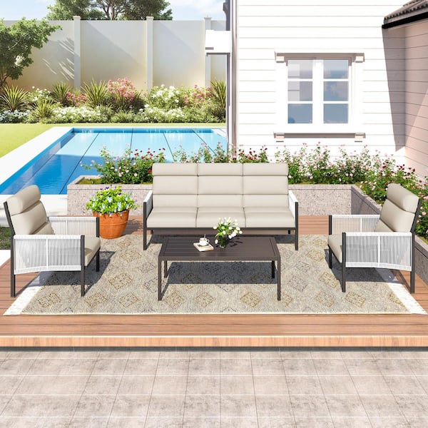 Sudzendf 4-Piece Aluminum Patio Conversation Set with Beige Cushions and Coffee Table