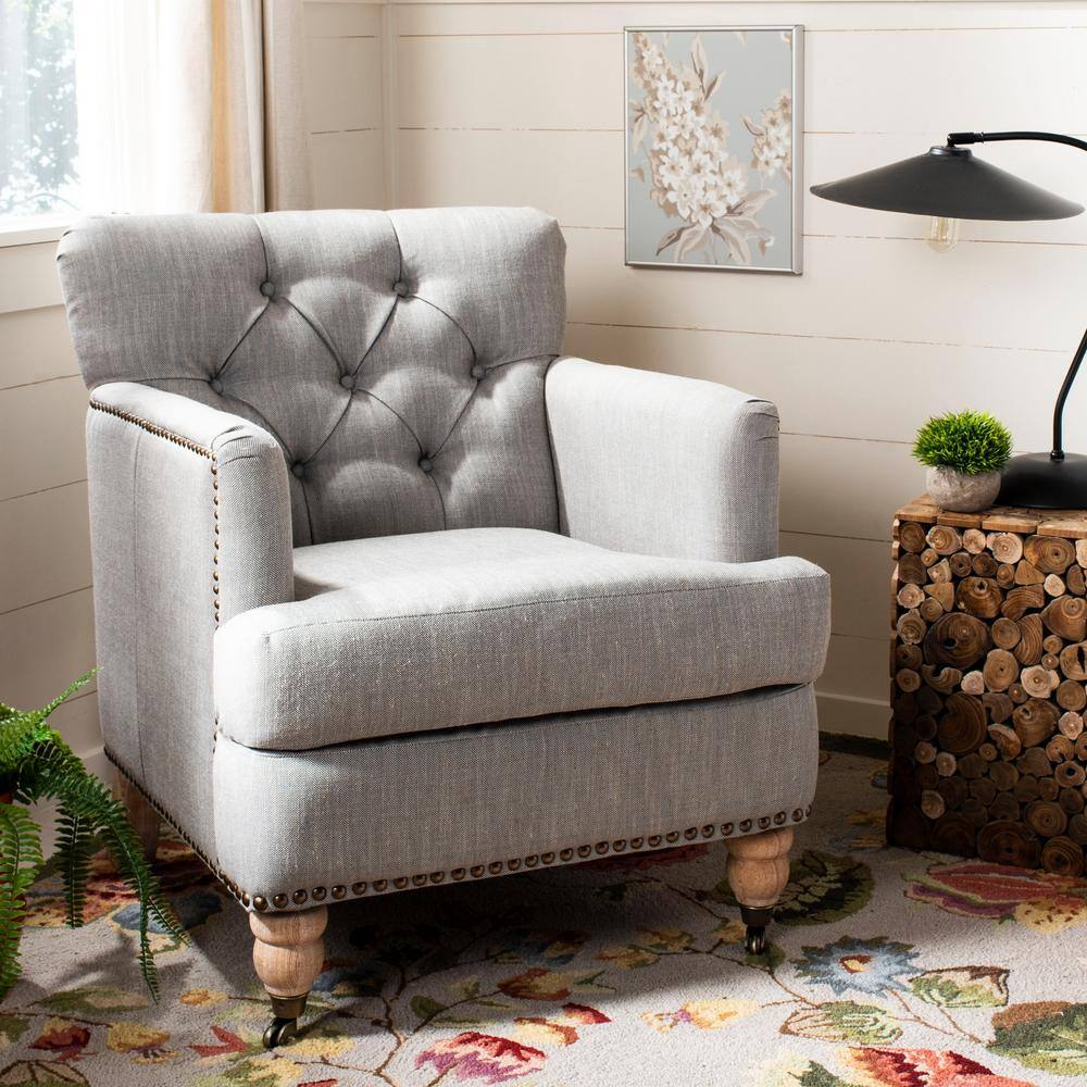 Colin Stone Grey Leather and Wood Contemporary Armchair
