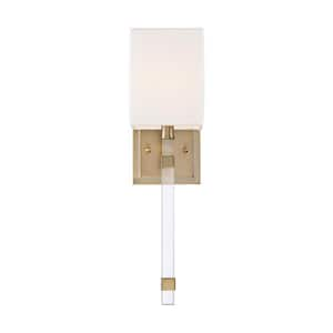 Thompson 5 in. 1-Light Burnished Brass Wall Sconce with White Linen Shade