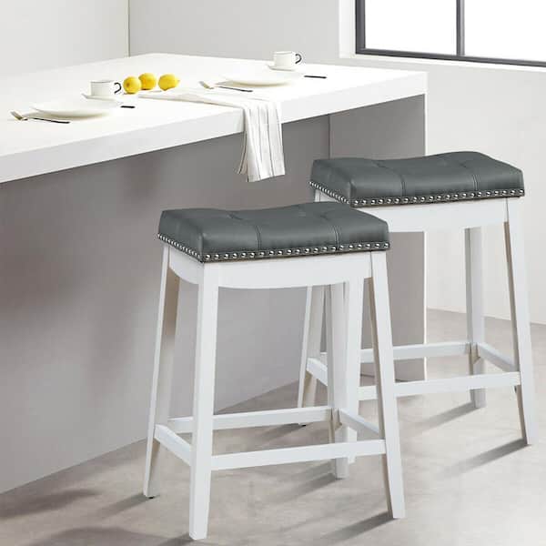 Nailhead Saddle 24 in. Grey Backless Wood Counter Bar Stools White with Cushion (Set of 2)