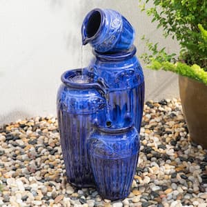 27.25 in. H 4 Tier Cobalt Blue Embossed Pattern Ceramic Pots Fountain with Pump and LED Light (KD)