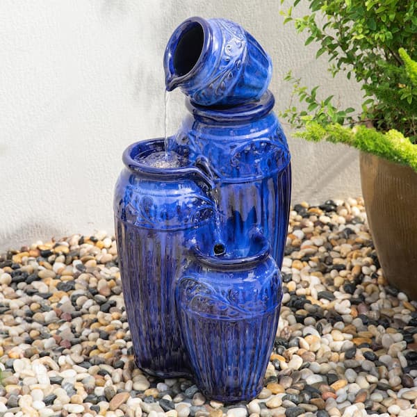 Glitzhome 27.25 in. H 4 Tier Cobalt Blue Embossed Pattern Ceramic Pots Fountain with Pump and LED Light (KD)