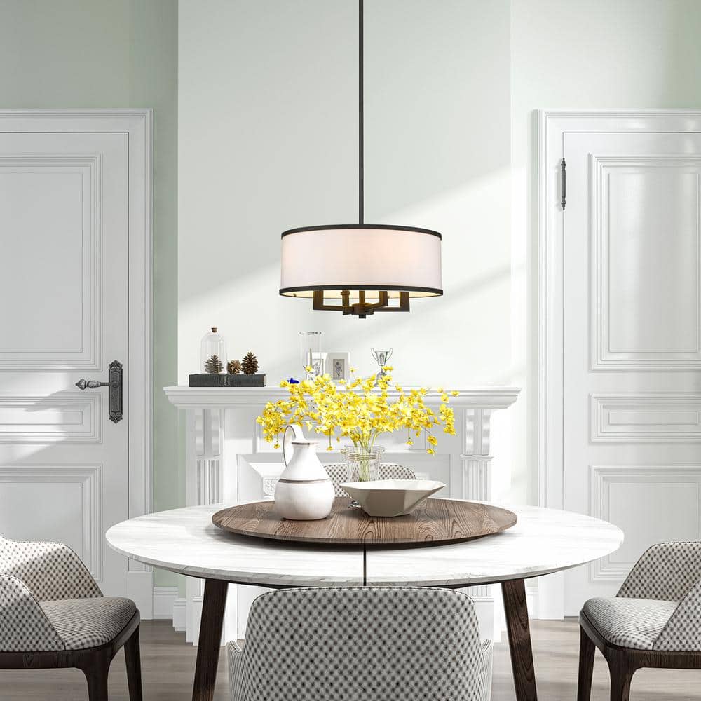Bronze 4-Light Mini Drum Pendant with Off-White Shade