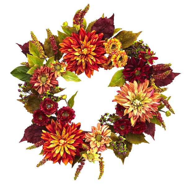 Nearly Natural Dahlia and Mum 22 in. Artificial Wreath