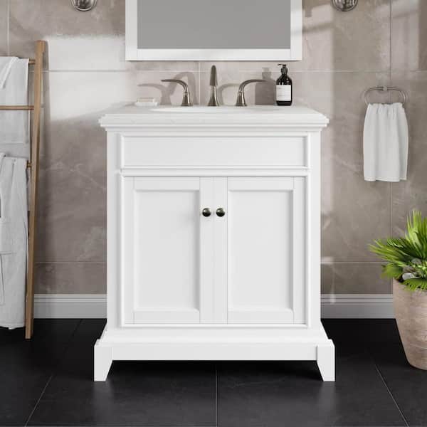 Elite Stamford 30 in. Single Sink White Bath Vanity with White Carrara Quartz Top (Assembled)