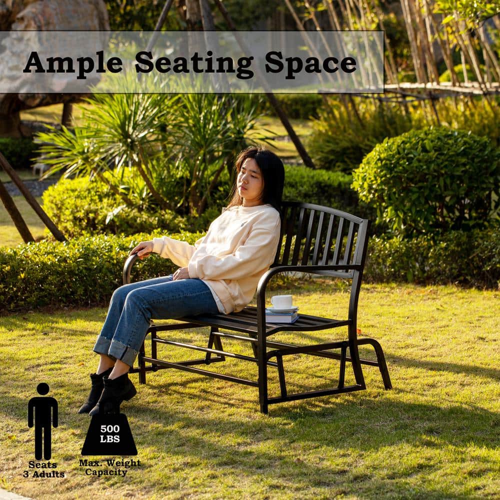 Black Powder-Coated Steel Outdoor Glider Bench with Curved Backrest