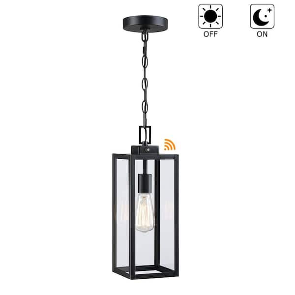 Alfa 17 in. 1-Light Matte Black Outdoor Hanging Lantern Pendant Light with Clear Glass Dusk to Dawn