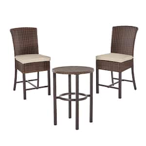 Harper Creek 3-Piece Brown Steel Outdoor Patio Bar Height Dining Set with CushionGuard Putty Tan Cushions