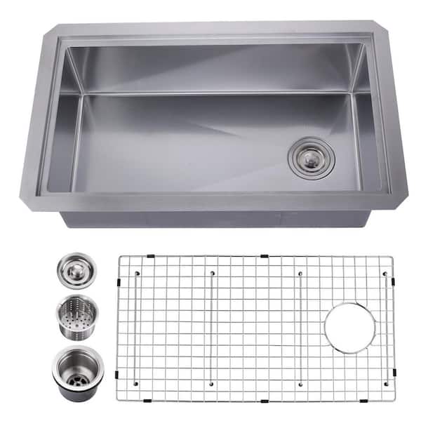32 in. Drop-in/Undermount Single Bowl 18-Gauge Gunmetal Stainless Nickel Stainless Steel Kitchen Sink with Bottom Grids