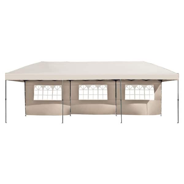 10 ft. x 30 ft. Khaki Pop Up Canopy with Sidewalls and Wheeled Bag for Backyard, Wedding Party Tent