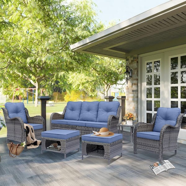 Gray 6-Piece Wicker Outdoor Furniture Patio Conversation Set Armrchairs Sofa and Ottomans with Denim Blue Cushions