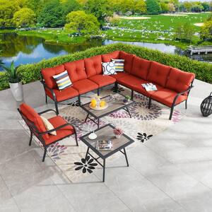 10-Piece Metal Patio Conversation Set with Red Cushions