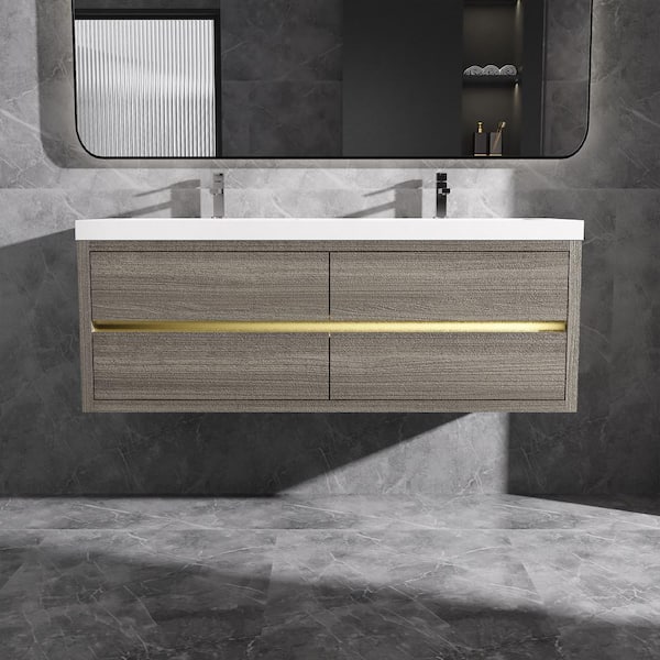 60 in. Wall-Mounted Floating Bath Vanity in Ash Grey with Double Solid Surface Sink Top in White