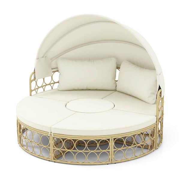 Costway Beige Plastic Outdoor Day Bed with Off White Cushions