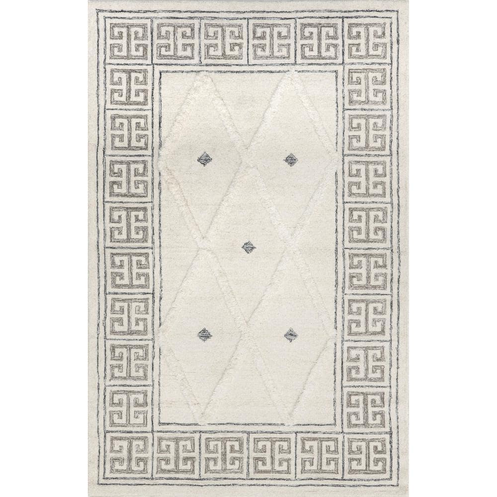 Ivory Geometric Tufted Wool 5x8 Area Rug