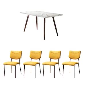 Ergani 5-Piece Dining Set with Rectangle Marbling Table and Mustard Chairs