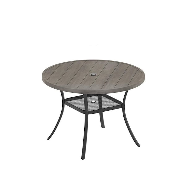 Zeus & Ruta 41.7 in. Round Metal Outdoor Dining Table, Patio Table with Umbrella Hole and Storage Shelf for Garden Backyard, Gray
