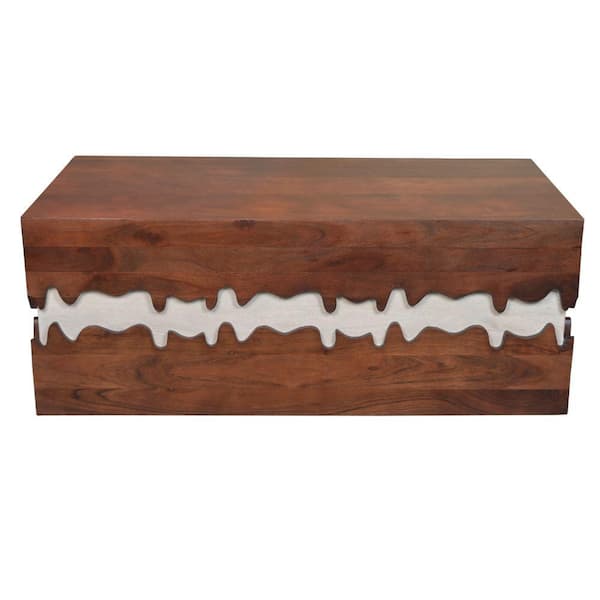 THE URBAN PORT Allen 24 in. Walnut Brown and Off White Rectangle Acacia Wood Coffee Table with Artistic Wavy Design and Platform Base