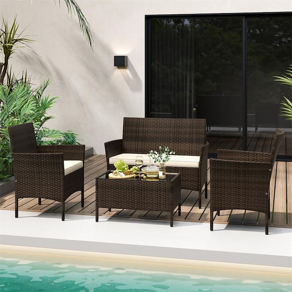 HONEY JOY 4-Piece Wicker Patio Conversation Set with Chair Loveseat and Tempered Glass Table Beige Cushions