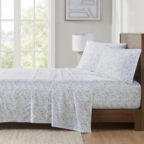 MADISON PARK ESSENTIALS 200-Thread Count Printed Cotton 4-Piece Green Leaves Queen Sheet Set