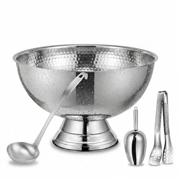 Large Stainless Steel Ice Bucket 12L 16 x 16 x 10 in. Punch Bowl with Ladle Scoop and Tongs for Parties