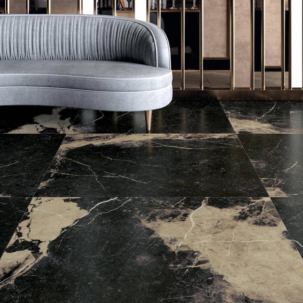 Large Black and Beige Marble Look Satin Porcelain Tile