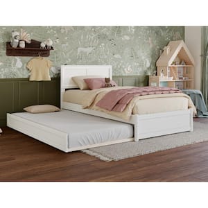 Lylah White Solid Wood Frame Twin Platform Bed with Panel Footboard and Twin Trundle