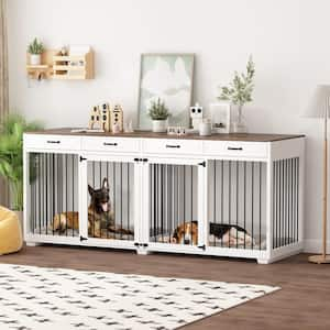 92.9 in. Super Large Dog Crate Furniture, Indoor Wooden Dog House Kennel w/4-Drawers and Divider, XXXL for 2 Large Dogs