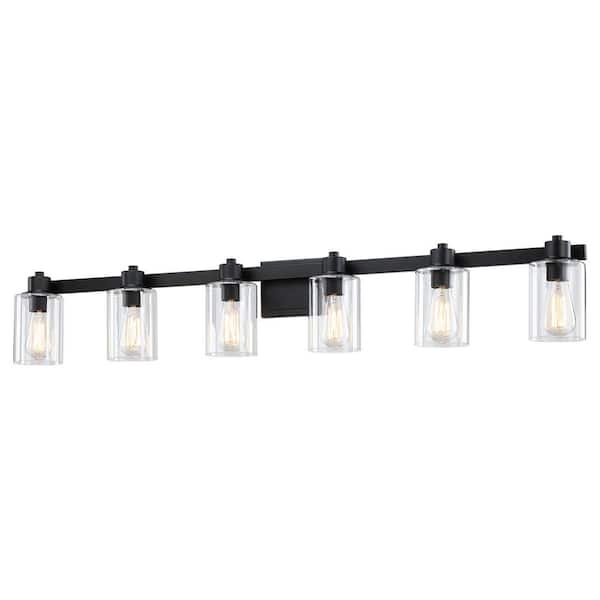 50 in. 6 Light Matte Black Vanity Light with Clear Glass Shades