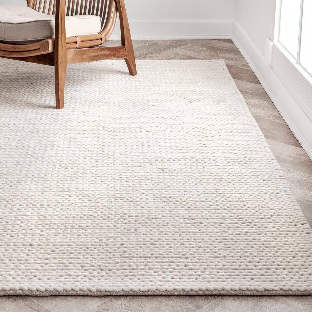 Handmade Off-White Braided Wool Rectangular Rug, 8' x 11'