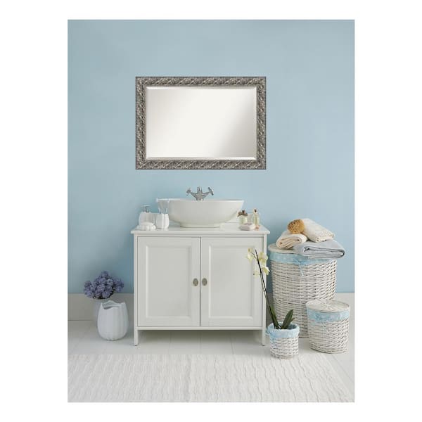 Amanti Art Silver Luxor 41.5 in. x 29.5 in. Beveled Rectangle Wood Framed Bathroom Wall Mirror in Silver
