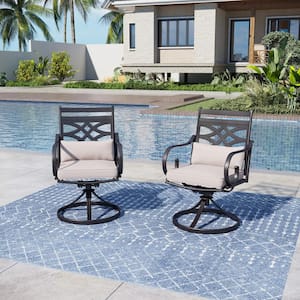 Black Swivel Metal Outdoor Dining Chair with Beige Cushions and Steel Frame (2-Pack)