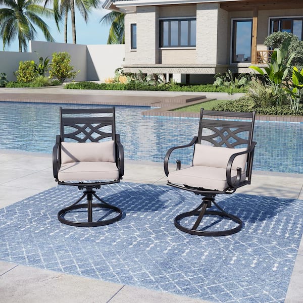 PHI VILLA Black Swivel Metal Outdoor Dining Chair with Beige Cushions and Steel Frame (2-Pack)